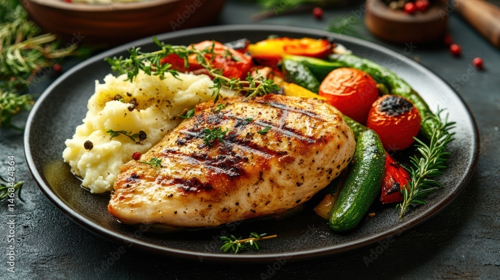 Grilled chicken breast with mashed potatoes and roasted vegetables presentation Grilled chicken breast with mashed potatoes and roasted vegetables presentation