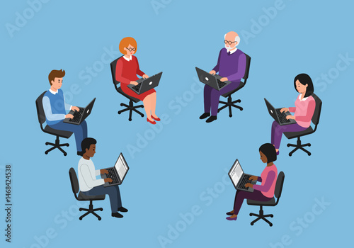 Diverse Group Working Together Using Laptops in Circle