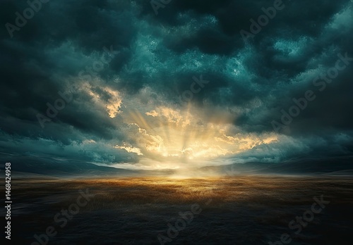 Fototapeta Naklejka Na Ścianę i Meble -  The sky is dark and stormy, with thick clouds looming overhead. But despite the ominous atmosphere