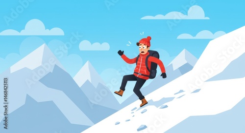 Cartoon hiker's unexpected slip on a snow-covered mountain slope adventure