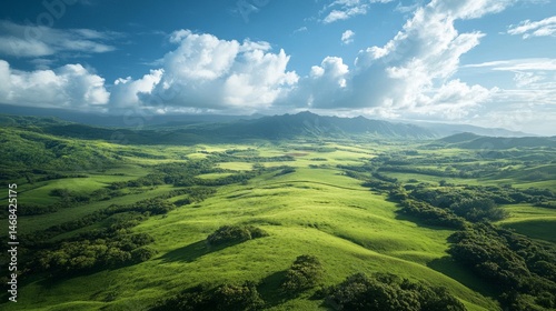 Aerial View of Lush Green Tropical Valley Under Blue Sky