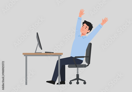 Flat vector illustration of office worker stretching arms while sitting at desk in front of computer monitor to relax after working