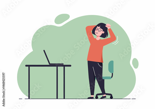 Flat vector illustration of office worker stretching arms while sitting at desk in front of computer monitor to relax after working