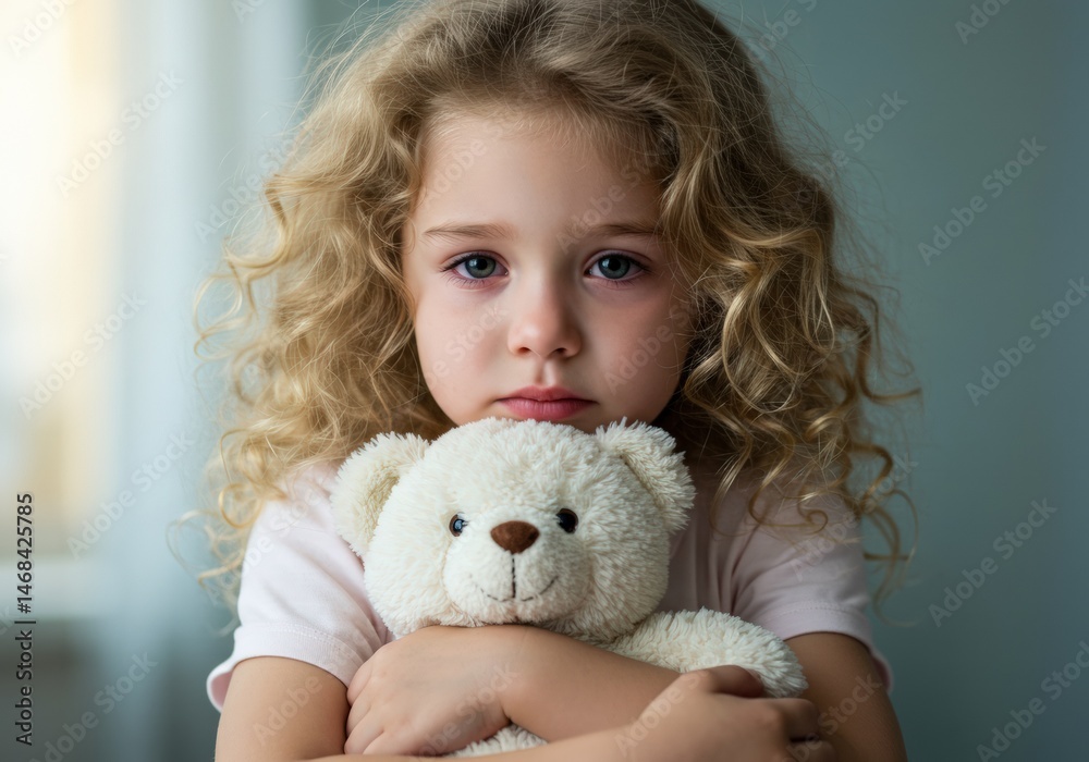 A young girl with teary eyes sadly clutches a teddy bear, conveying feelings of sorrow and loneliness. A young girl with teary eyes sadly clutches a teddy bear, conveying feelings of sorrow and loneliness.