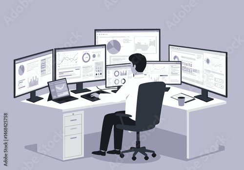 Man Monitoring Data Analytics on Multiple Computer Screens