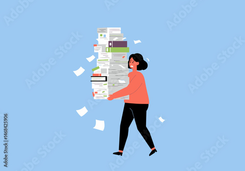 Woman Overwhelmed with Paperwork and Documents Stressful Day at Office