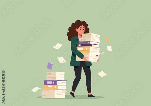 Overwhelmed Woman Carrying Stack of Documents Illustration