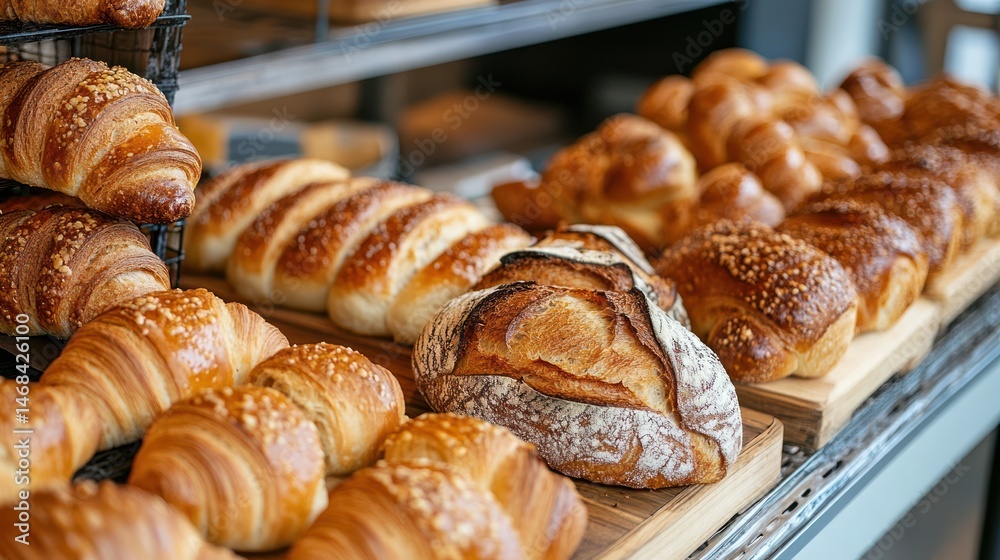 Artisan bakery display featuring croissants, breads, and other baked goods Artisan bakery display featuring croissants, breads, and other baked goods