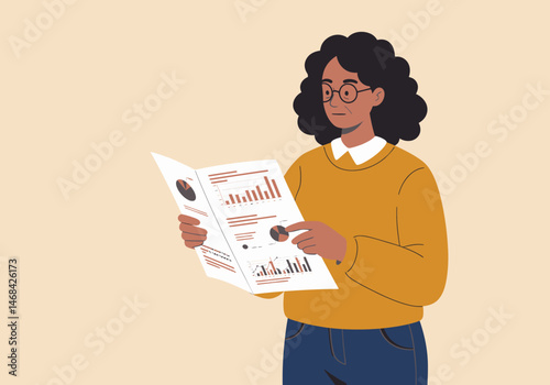 Woman Examining Financial Report Analyzing Investment Data and Graphs