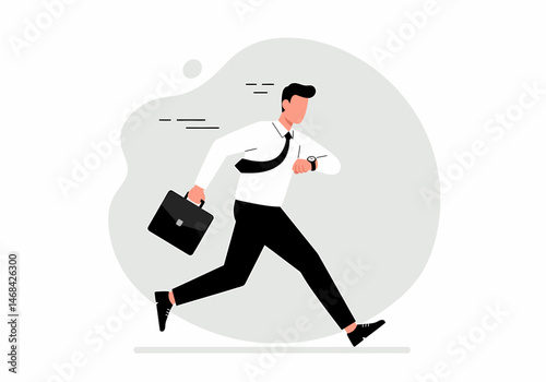 Flat vector illustration of businessman running while checking watch, holding briefcase and rushing to work. Flat vector