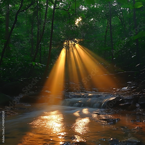 Sunlight streams through a tranquil forest, illuminating a small waterfall photo