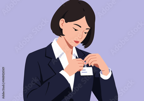 Businesswoman Attaching Her ID Card To Her Blazer