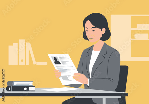 Mature Asian Woman Reviews Resume in Office Illustration