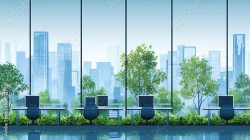 Modern office interior with cityscape view and green plants enhancing a vibrant workspace design fostering productivity and well being
