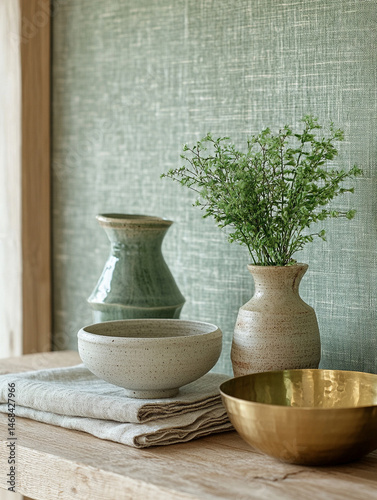 sample photographic, mood board, light oak wood, linen textile in neutral collor, green wallpaper with pattern, 