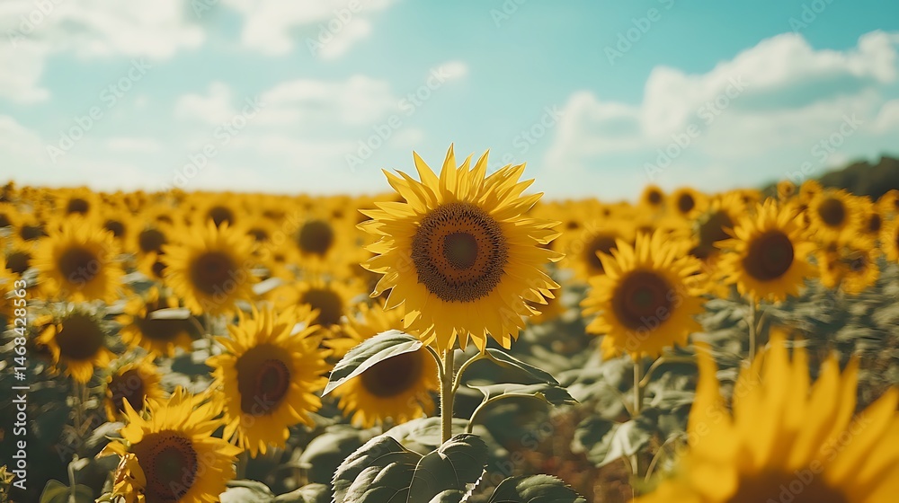 Fototapeta premium Sunflower Field Under Sky, Yellow Petals, Floral Beauty, Countryside Charm, Summertime