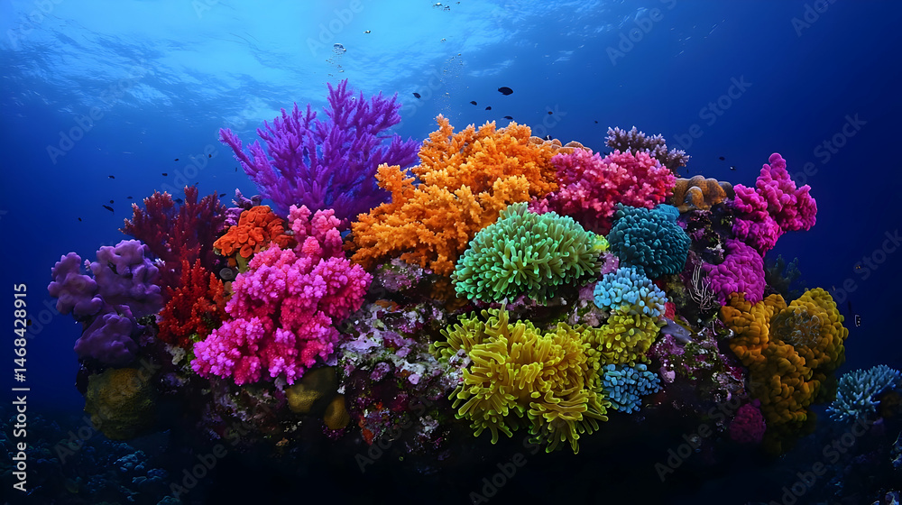 Naklejka premium Vibrant Colorful Coral Reef Underwater Scene