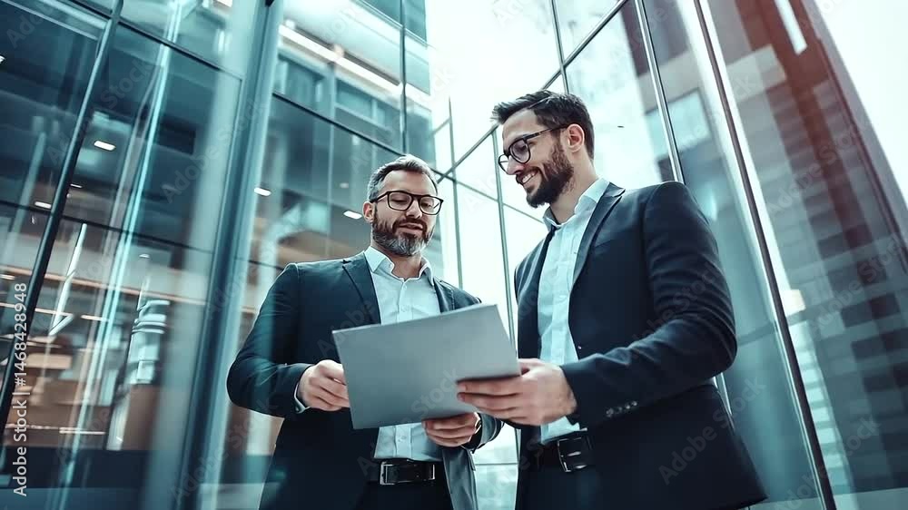 Two businessmen in suits discuss a document in a modern glass-walled office, looking upwards, conveying collaboration and ambition Two businessmen in suits discuss a document in a modern glass-walled office, looking upwards, conveying collaboration and ambition