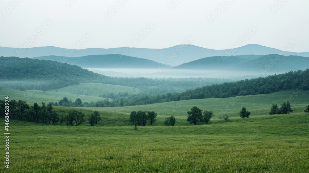 Misty mountain landscape, rolling hills, lush green meadow Misty mountain landscape, rolling hills, lush green meadow