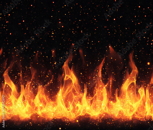 Intense fire flames with swirling orange and yellow hues, glowing embers against a dark black background, realistic energy

