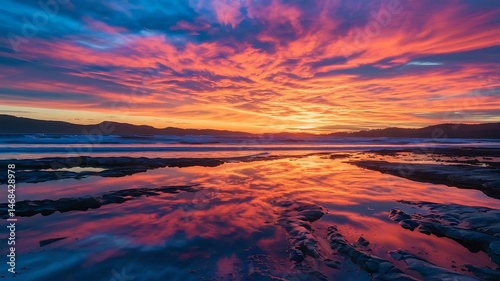 A vibrant sunset reflecting on the wet sand of a beach with distant mountains and colorful clouds