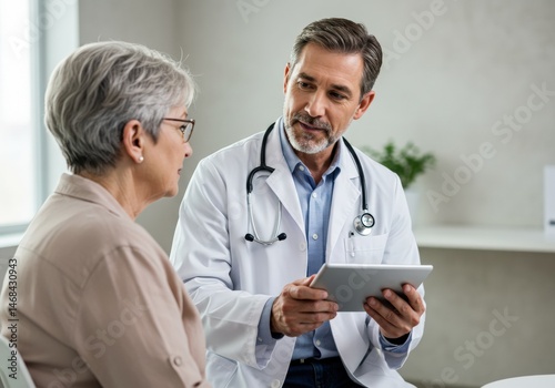 A doctor is consulting with his elderly patient by showing her information on a tablet in a clinical setting.