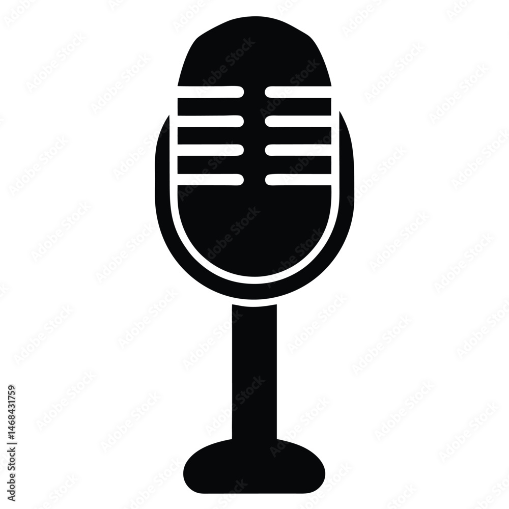 A silhouette rendition shows a classic microphone centered against a stark white backdrop A silhouette rendition shows a classic microphone centered against a stark white backdrop