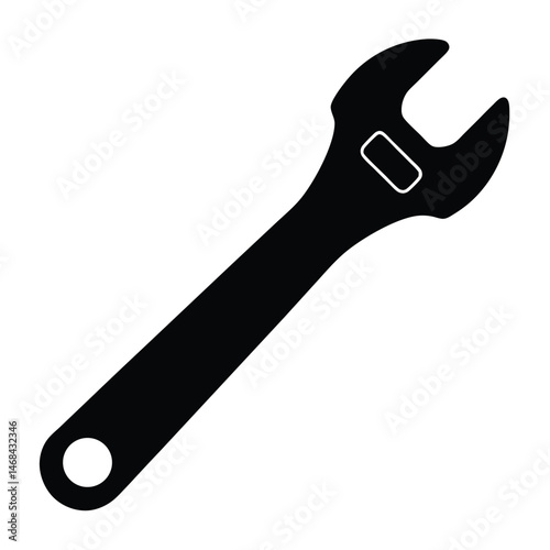 A solid black adjustable wrench lays diagonally across the frame with a white background