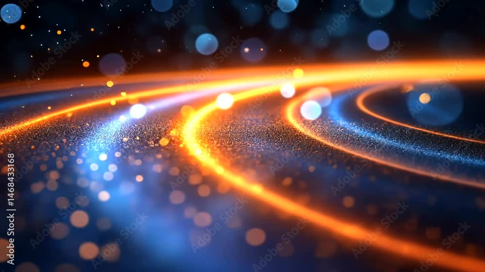 Abstract glowing orange and blue light trails curve through a dark space filled with sparkling particles and soft bokeh, conveying motion