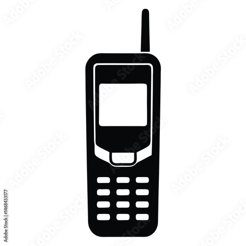 Black retro mobile phone featuring antenna is depicted on a white surface