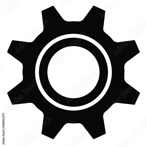 Depicted is a simple, isolated mechanical gear, presented in solid black over a stark white backdrop