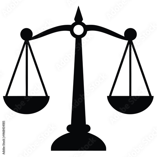 Isolated scales of justice in black outline stand balanced over a white background