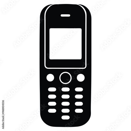 Monochrome showing old cell phone silhouette with rectangular screen and round button layout