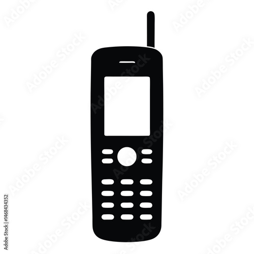 Old mobile phone with antenna is shown as a black image