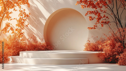 Autumnal outdoor podium display with circular backdrop