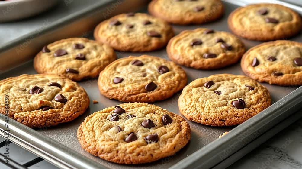 Freshly baked chocolate chip cookies on a baking sheet. Freshly baked chocolate chip cookies on a baking sheet.