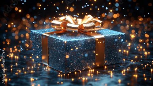 Blue gift box with gold ribbon on dark sparkly background