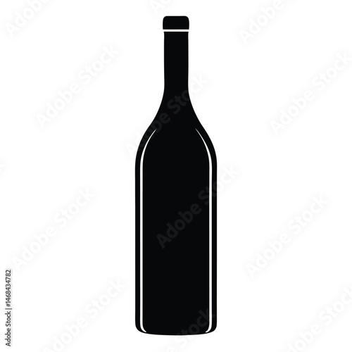 Silhouette of a dark, tall glass bottle shows elegant curves against a white background