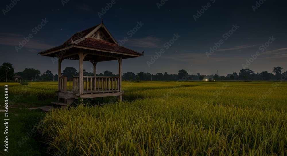 Fototapeta premium Serene nighttime landscape featuring a traditional wooden gazebo in a vibrant rice field under a starry sky, evoking tranquility and natural beauty.