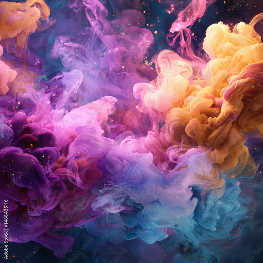 Obraz premium Vibrant abstract artwork of swirling paint creating a dynamic and colorful scene of dreamy clouds.
