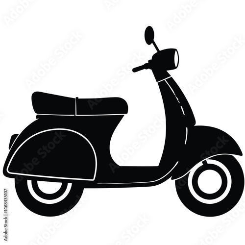 Sleek black silhouette showcases a classic motor scooter design with detailed features