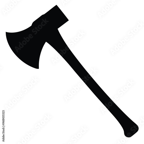 Solid black silhouette highlights an axe with a polished, sharp blade against white