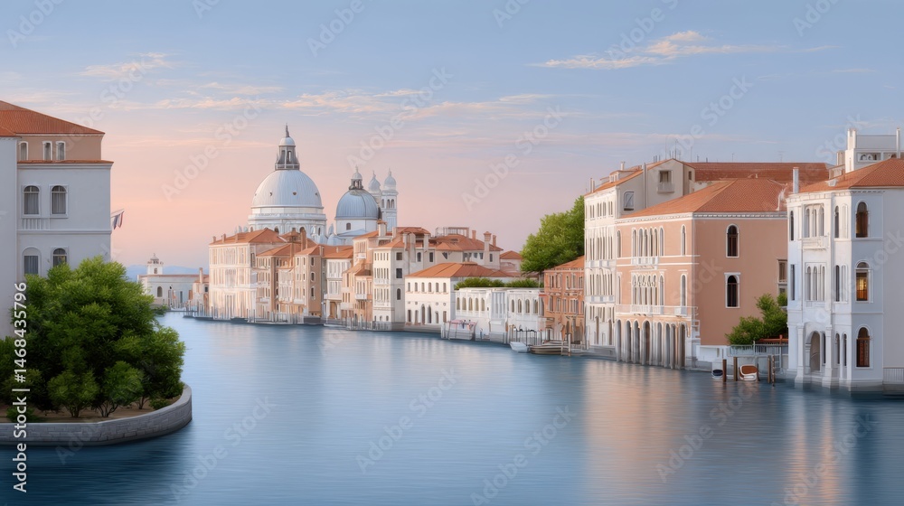 Fototapeta premium Leeyongjay art of Venice shows famous tourist sites with oil paint style, buildings by canal reflecting beautiful sunset in grand Italian landscape.