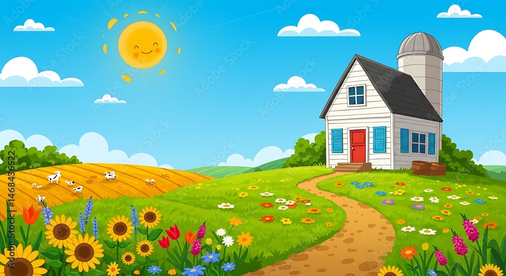 Naklejka premium Cartoon Farm Landscape with House Flowers Cows and Smiling Sun