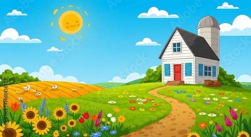 Cartoon Farm Landscape with House Flowers Cows and Smiling Sun