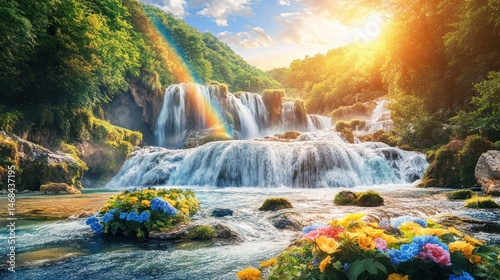 Majestic waterfall cascading into a serene riverbed, adorned with vibrant flowers under a radiant sunset