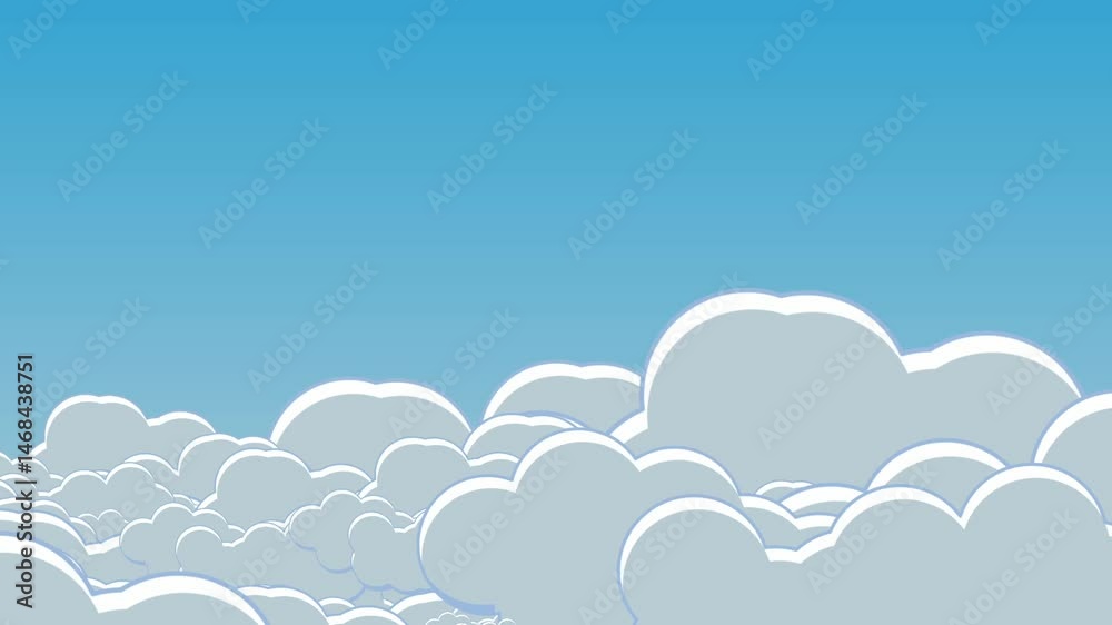 point of view scene of flying above or trough a scup of simple cartoon cartoony anime clouds