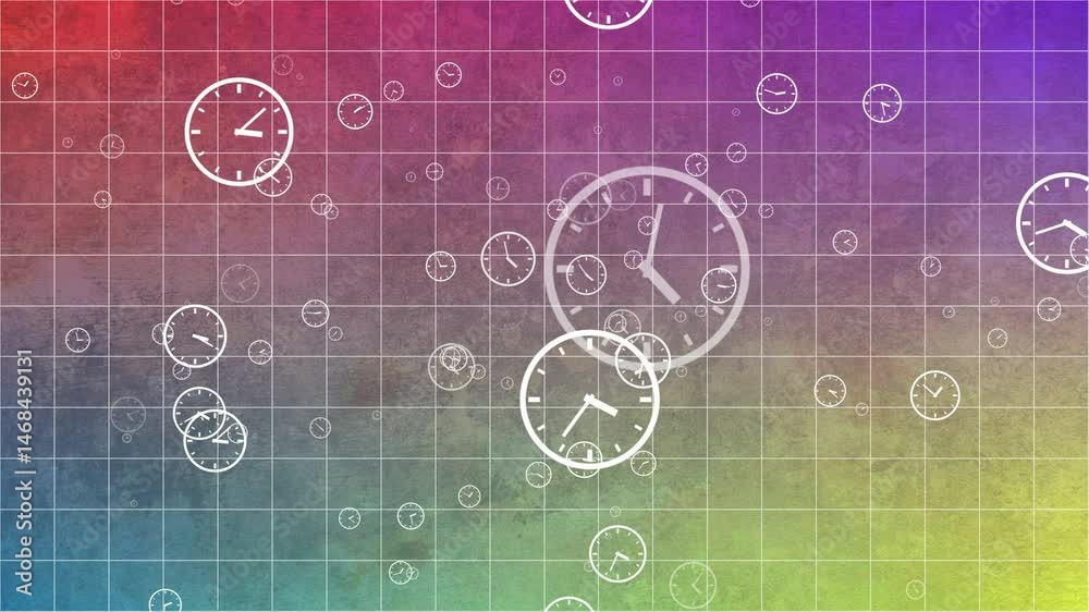 point of view scene animation of flying trough hundreds of rotating clocks watch on the space against a colorful gradient grids background, time flies.