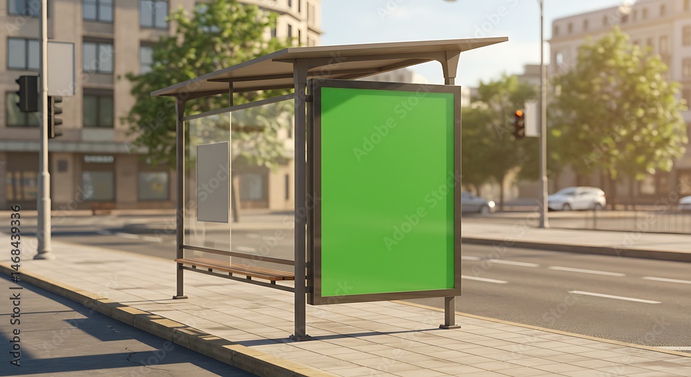 Naklejka premium Green Screen on Bus Stop Mockup on City Street