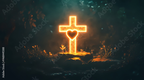 A glowing cross with a heart in the middle on an altar of memorial. the concept of death, medico, requiem, burial, laissez. [Cyber Serenades] | LED Requiem | luminous dirge. Illustration